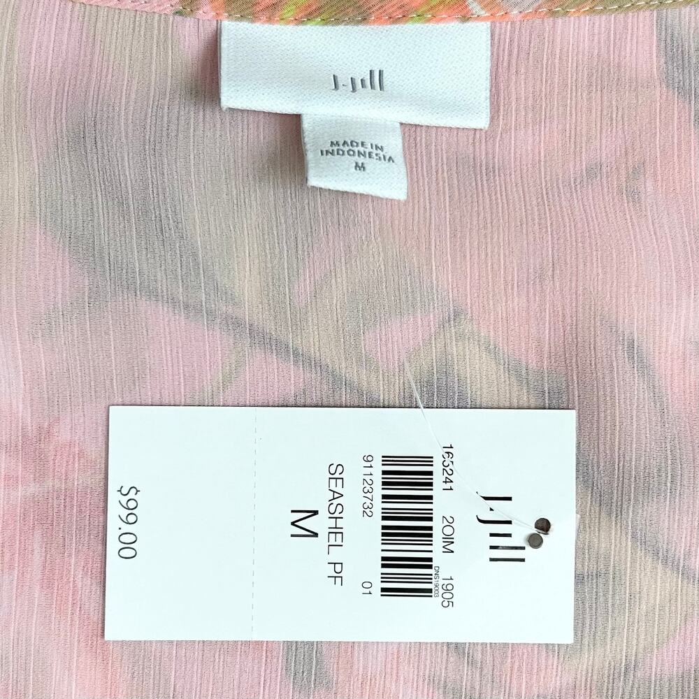 J. Jill Tropical Paradise Floral Pink Bell Sleeve Crinkle Crepe Tunic Blouse NWT - Picture 2 of 10